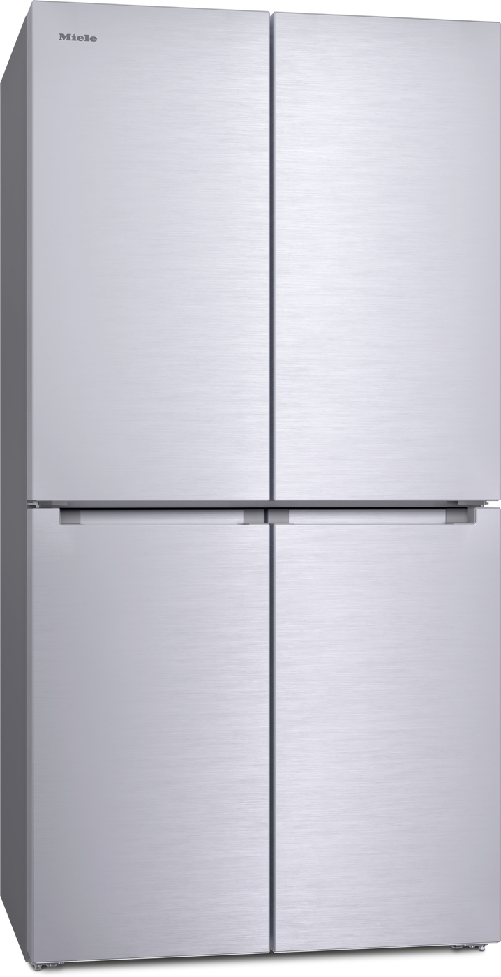 Stainless steel Miele refrigerator with four doors: two top doors and two bottom compartments (bottom freezer).