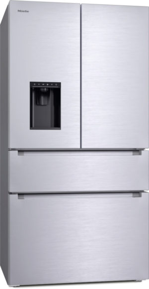 Stainless steel French-door refrigerator with water dispenser on the left door and two top compartments, plus a bottom freezer drawer and a bottom pull-out drawer system