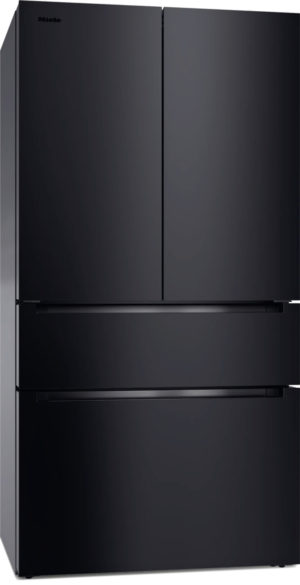 Black Miele refrigerator with two top doors and a bottom freezer drawer
