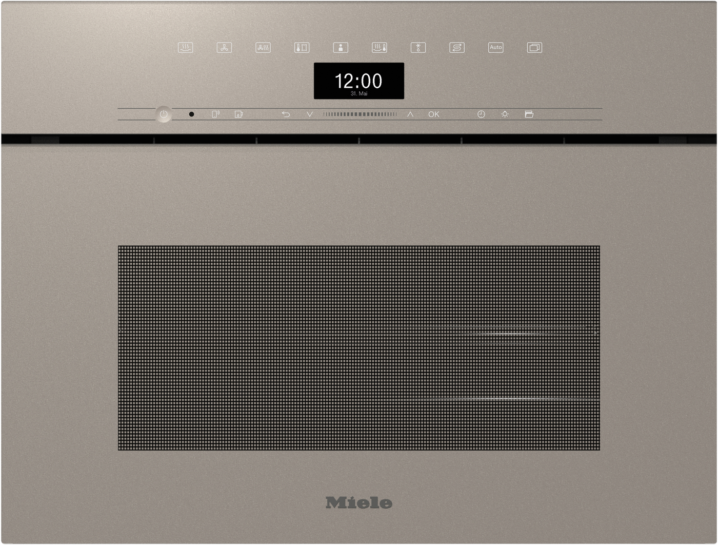 Miele built-in oven front with a digital clock showing 12:00 and a row of control icons above a long vented door.