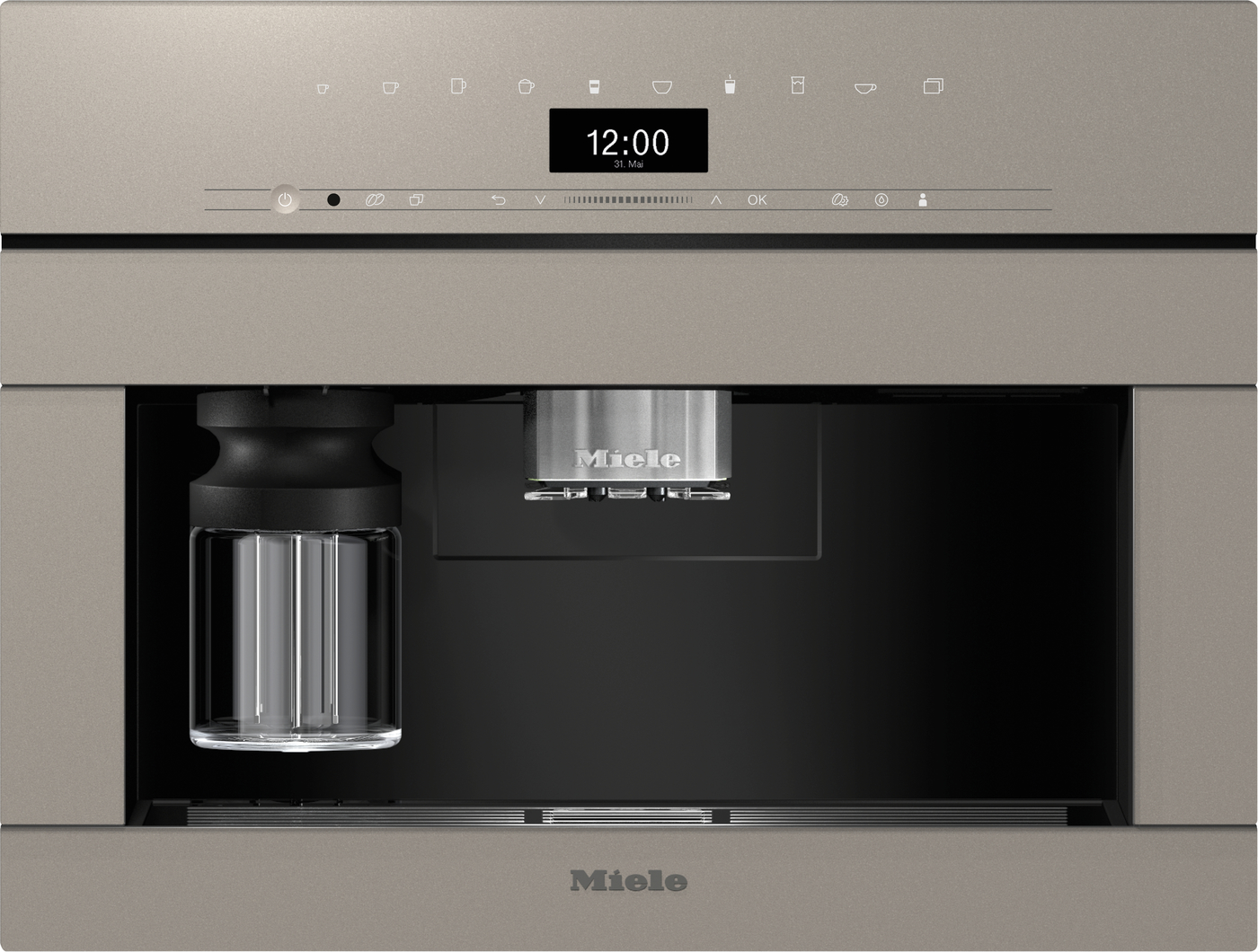 Built-in Miele coffee machine with a central espresso nozzle, digital display, and a glass carafe on the left.