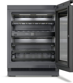 Open upright Miele cabinet with multiple shelves and a digital temperature display showing 18°C / 12°C
