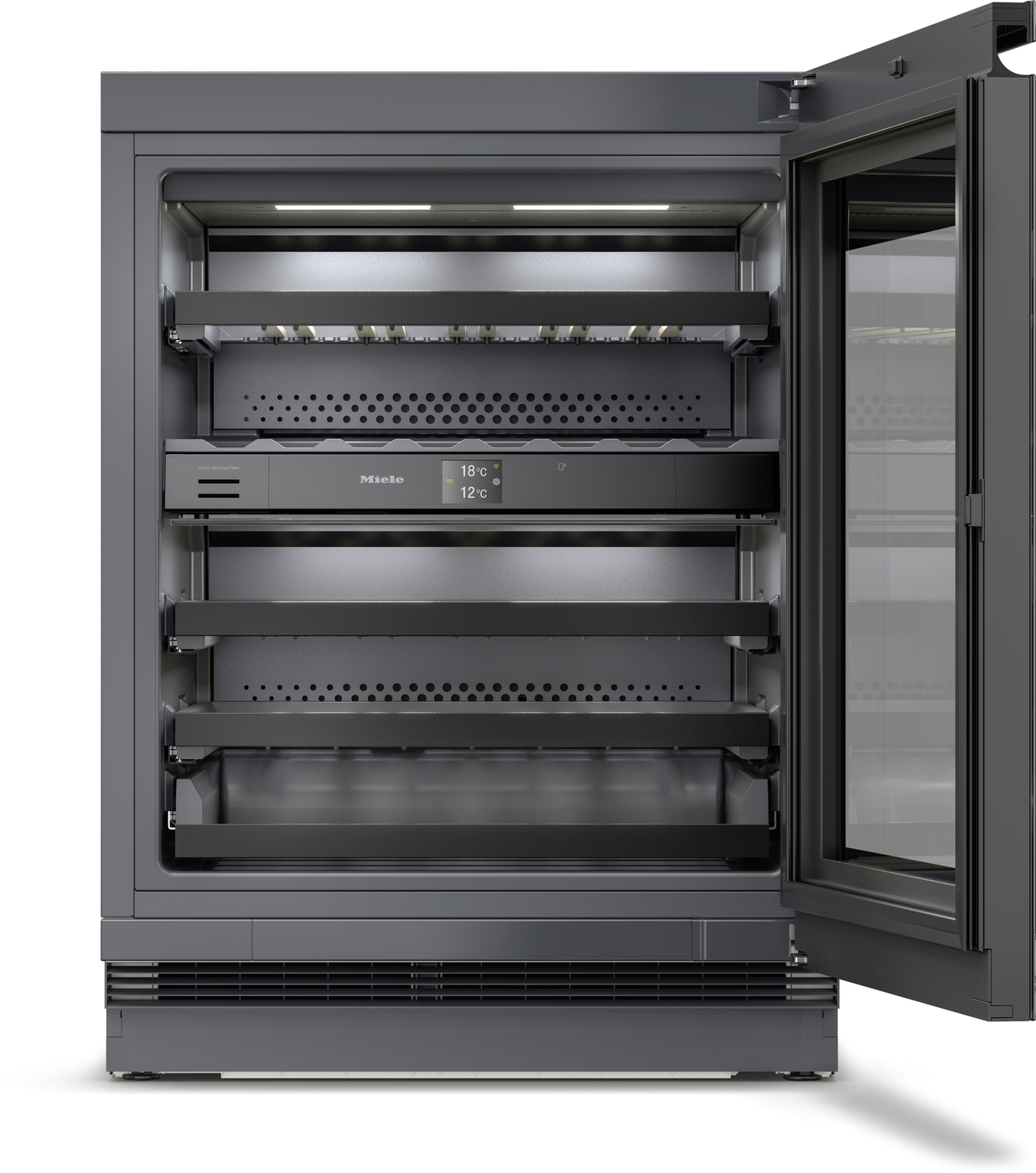 Open upright Miele cabinet with multiple shelves and a digital temperature display showing 18°C / 12°C