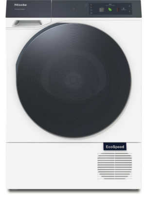Front-loading Miele dryer with a large dark drum and a control panel on top showing EcoSpeed features (Nova Edition).