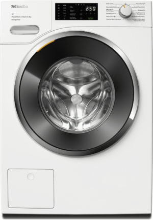 White front-loading Miele washing machine with digital display and control dial on the upper right; clear glass drum visible.