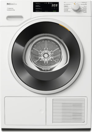 Front-loading Miele washing machine with a large circular door, digital display, and a white vented base panel on the bottom.
