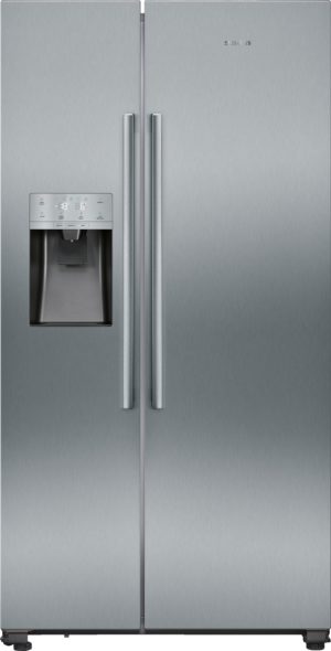 Siemens stainless steel two-door side-by-side refrigerator with water and ice dispenser on the left door.
