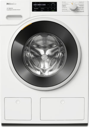 Front-loading Miele washing machine with large circular door and top control panel visible on white unit.