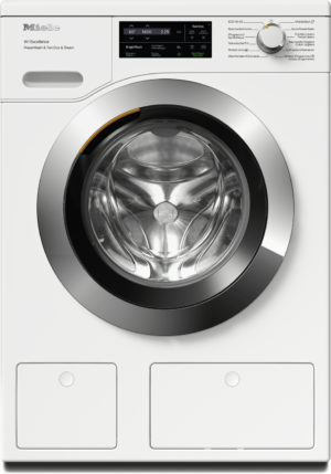 Miele front-loading washing machine with large circular door, chrome frame, and control panel on top right; two bottom access panels.