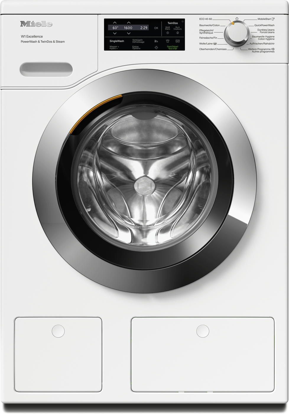 Miele front-loading washing machine with large circular door, chrome frame, and control panel on top right; two bottom access panels.