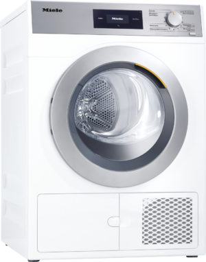 Front view of a white Miele front-loading washing machine with a metallic silver door and control panel on top-right; orange door indicator.