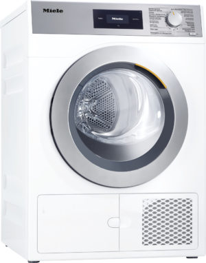 Front-loading Miele washing machine with a circular door and digital control panel at the top, white cabinet, and gray door rim.