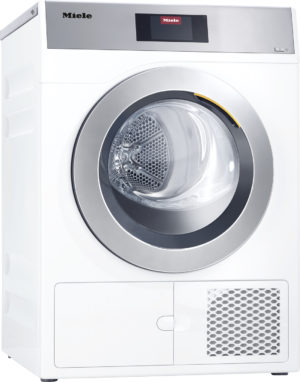 Front-loading Miele washing machine with circular metal door and digital display on top panel