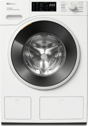 Front-loading washing machine with a large round door, digital display, and control dial; detergent drawer on the left.