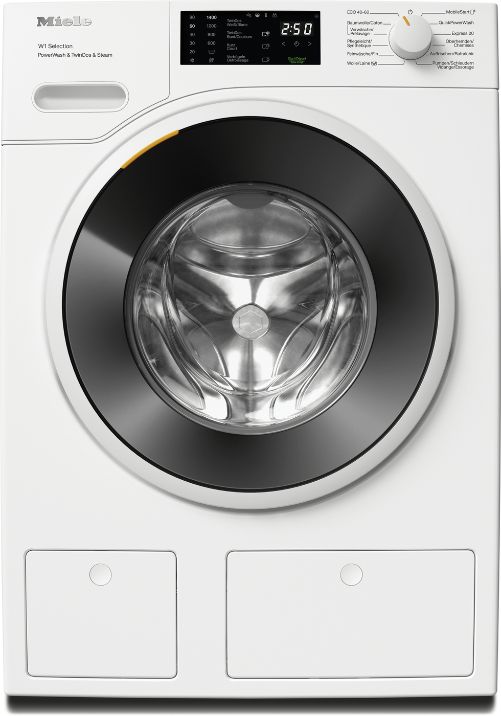 Front-loading washing machine with a large round door, digital display, and control dial; detergent drawer on the left.