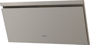 Beige Miele wall-mounted range hood with a slim front panel and touch controls along the top edge.