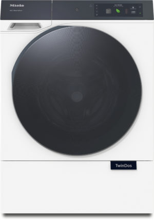 Front view of a Miele washing machine with a large circular dark door and a top control panel.