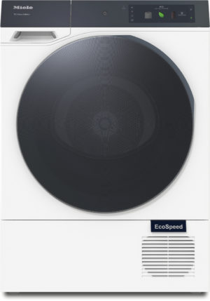 Front-loading Miele washing machine with a large circular door and a dark top control panel; EcoSpeed badge on the lower front area.