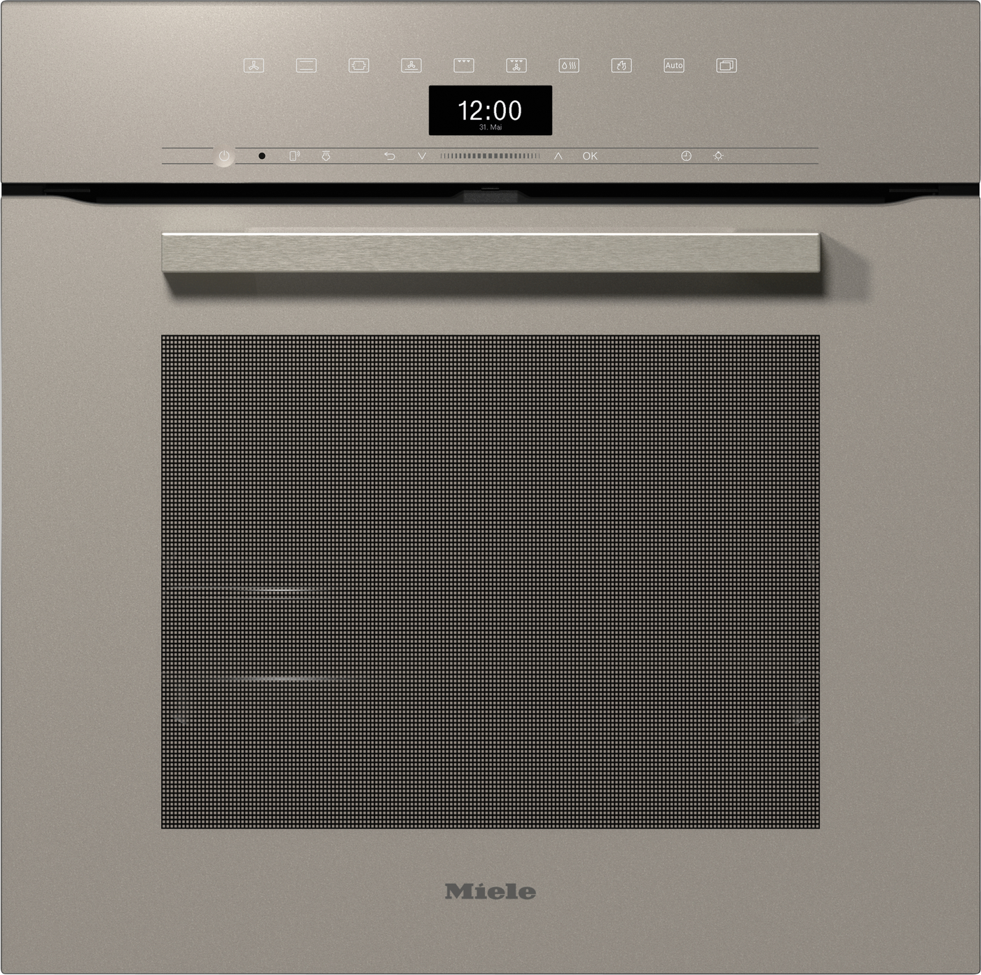 Miele built-in oven with a brushed metal finish, digital clock showing 12:00 and date, upper control panel with icons, long handle, and a large vented door window