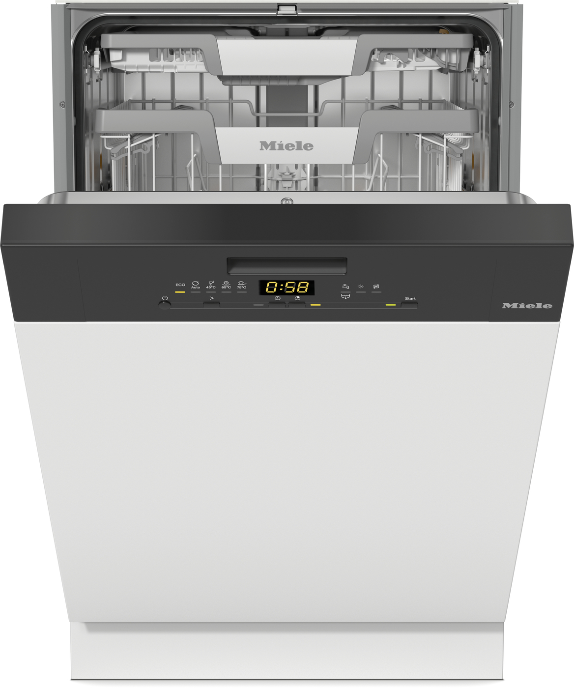 Front view of a Miele dishwasher with the door open and interior racks visible