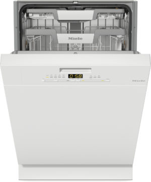 Open Miele dishwasher with top rack visible and control panel showing 0:58 timer, door down.