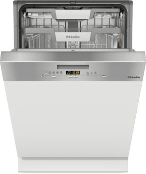 Front view of a Miele built-in dishwasher with door open, showing the upper rack and silver control panel with digital timer.