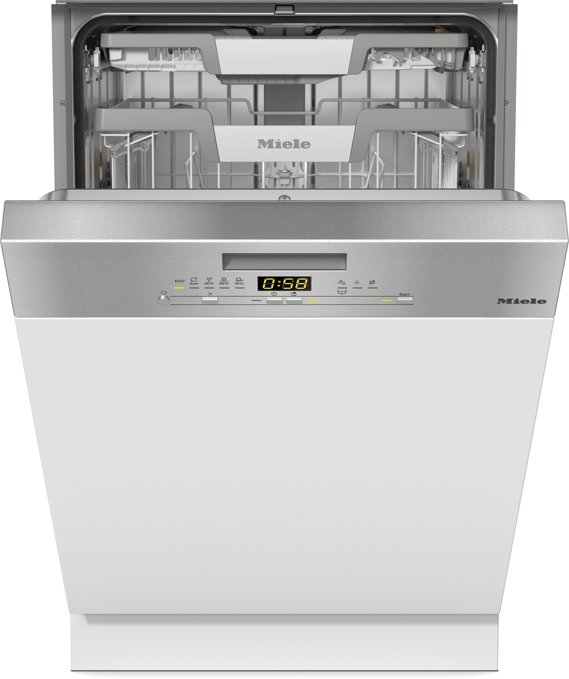 Front view of a Miele built-in dishwasher with door open, showing the upper rack and silver control panel with digital timer.