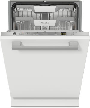 Open Miele dishwasher with racks visible and control panel, showing a digital timer on the front panel.