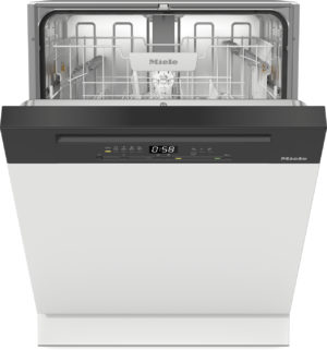 Open front-loading Miele dishwasher with racks and digital control panel visible on the door