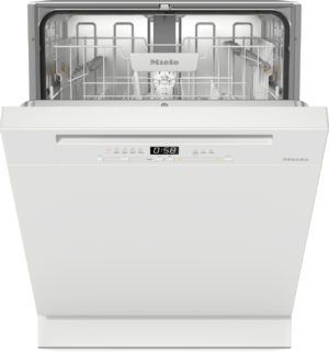 Front view of an open Miele dishwasher with racks visible and control panel on the front door