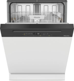 Open Miele dishwasher showing two metal racks and control panel on the front edge of the door.