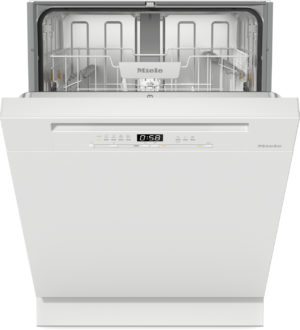 Open Miele dishwasher with upper rack visible and control panel on the front.