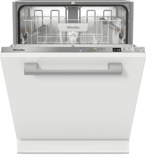Front view of a Miele dishwasher with the door partially open, showing the stainless interior and rack system.
