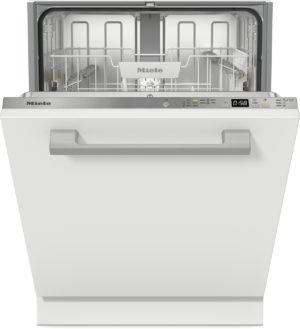 Open Miele dishwasher with stainless steel interior and two racks visible, ready for loading dishes.