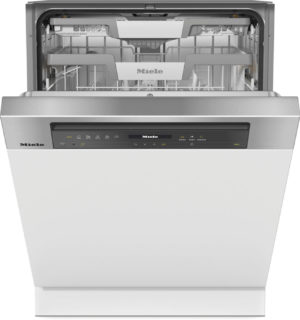 Front view of a Miele dishwasher with the door open, showing the interior racks and control panel on the front.
