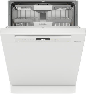 Front view of a white Miele dishwasher with its door open, showing the interior racks and silverware holder.