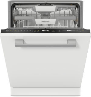 Miele dishwasher with door open, revealing the upper and lower racks inside a stainless interior.