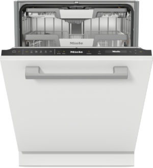Front view of a white Miele dishwasher with the door open, revealing empty upper and lower racks and spray arms inside.