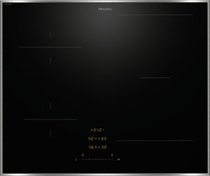 Miele induction cooktop with touch controls and yellow digital readouts on a black glass surface framed by a metal edge