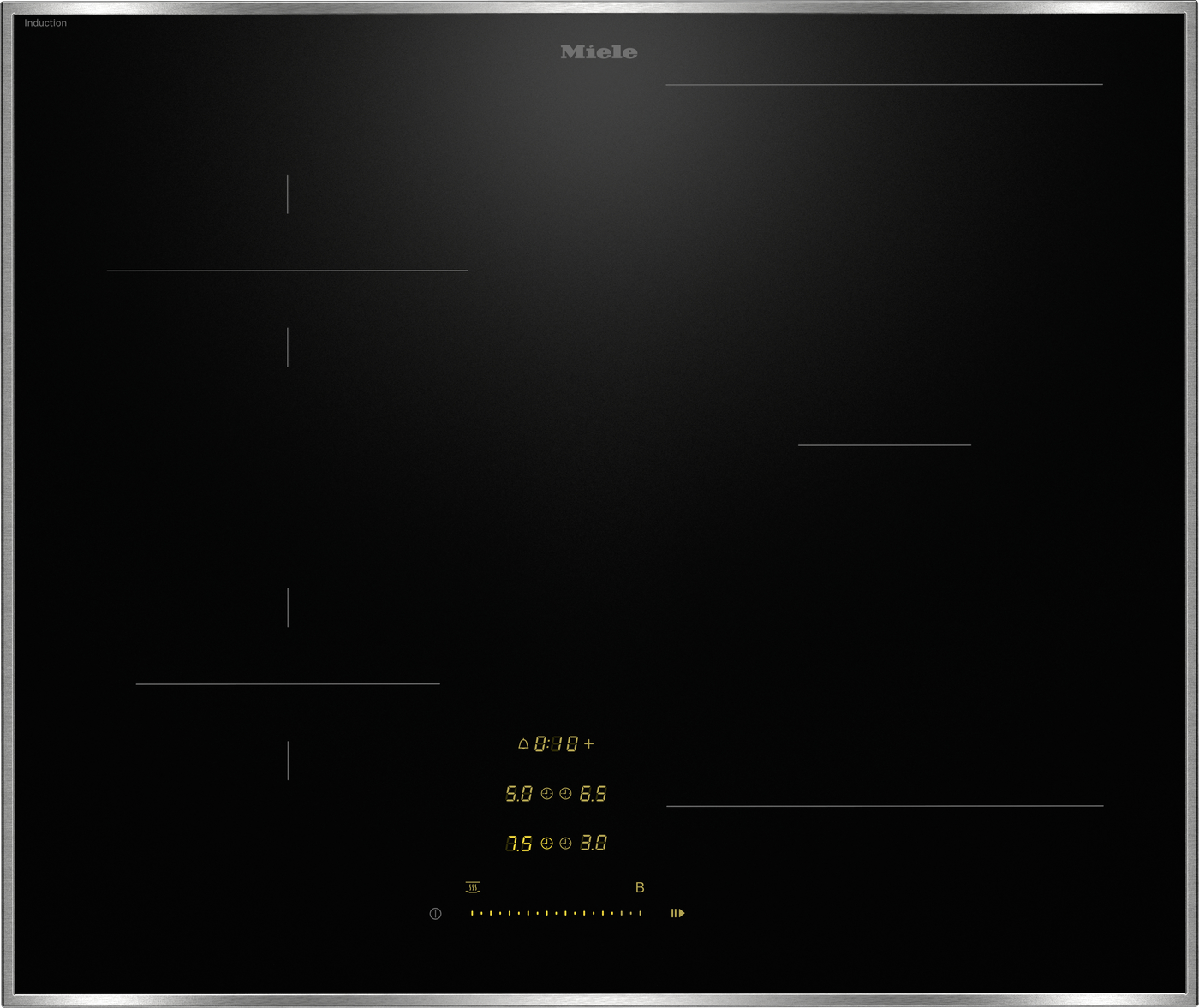 Miele induction cooktop with touch controls and yellow digital readouts on a black glass surface framed by a metal edge