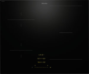 Miele induction cooktop interface on a dark glass surface with yellow digital readouts at the bottom center and slim control lines