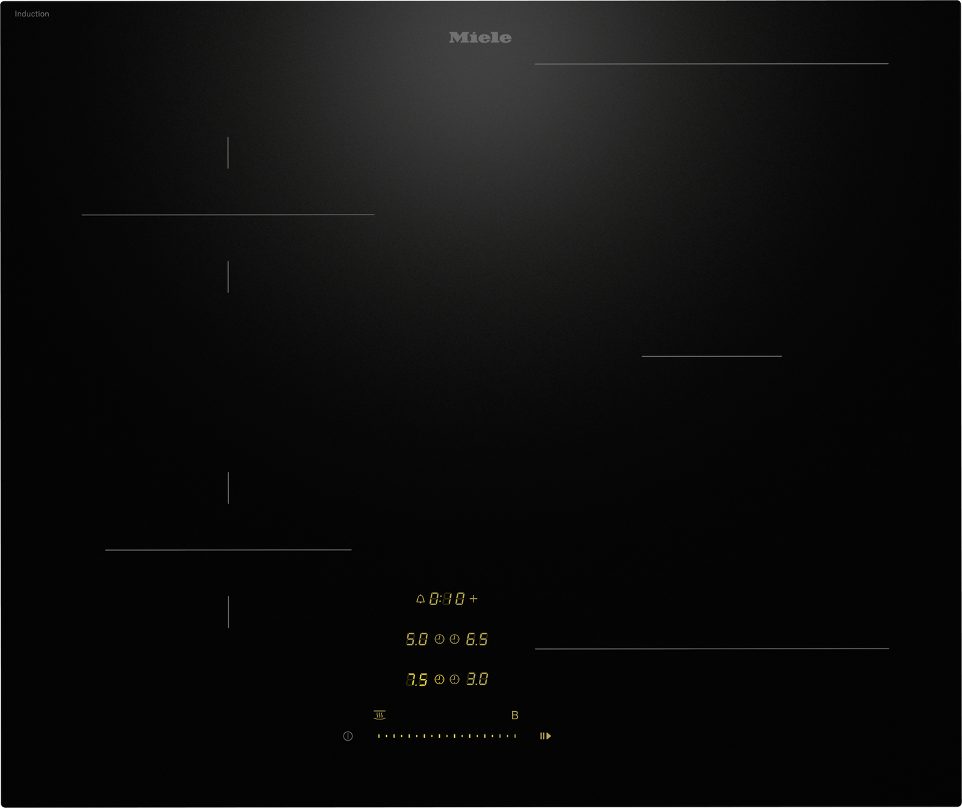 Miele induction cooktop interface on a dark glass surface with yellow digital readouts at the bottom center and slim control lines