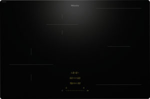 Miele induction cooktop with illuminated touch controls on a dark surface and yellow digital readouts at the bottom center.