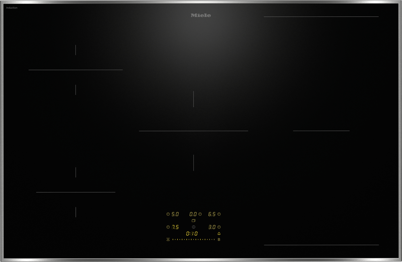 Miele induction cooktop: black glass surface with slim silver trim, subtle control lines, and orange digital timer/display at the bottom center.