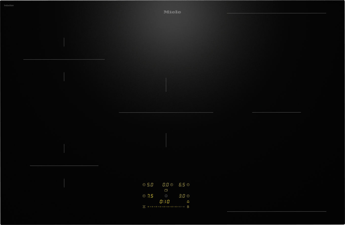 Miele induction cooktop on black glass with outlined cooking zones and amber digital controls at the lower center