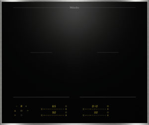 Miele black glass induction cooktop with four cooking zones and a silver frame, control panel with yellow digital readouts along the bottom edge.