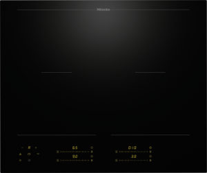 Black glass induction cooktop with two cooking zones and slim touch controls along the bottom, showing yellow digital readouts and indicators across the panel (Miele branding at top)./n