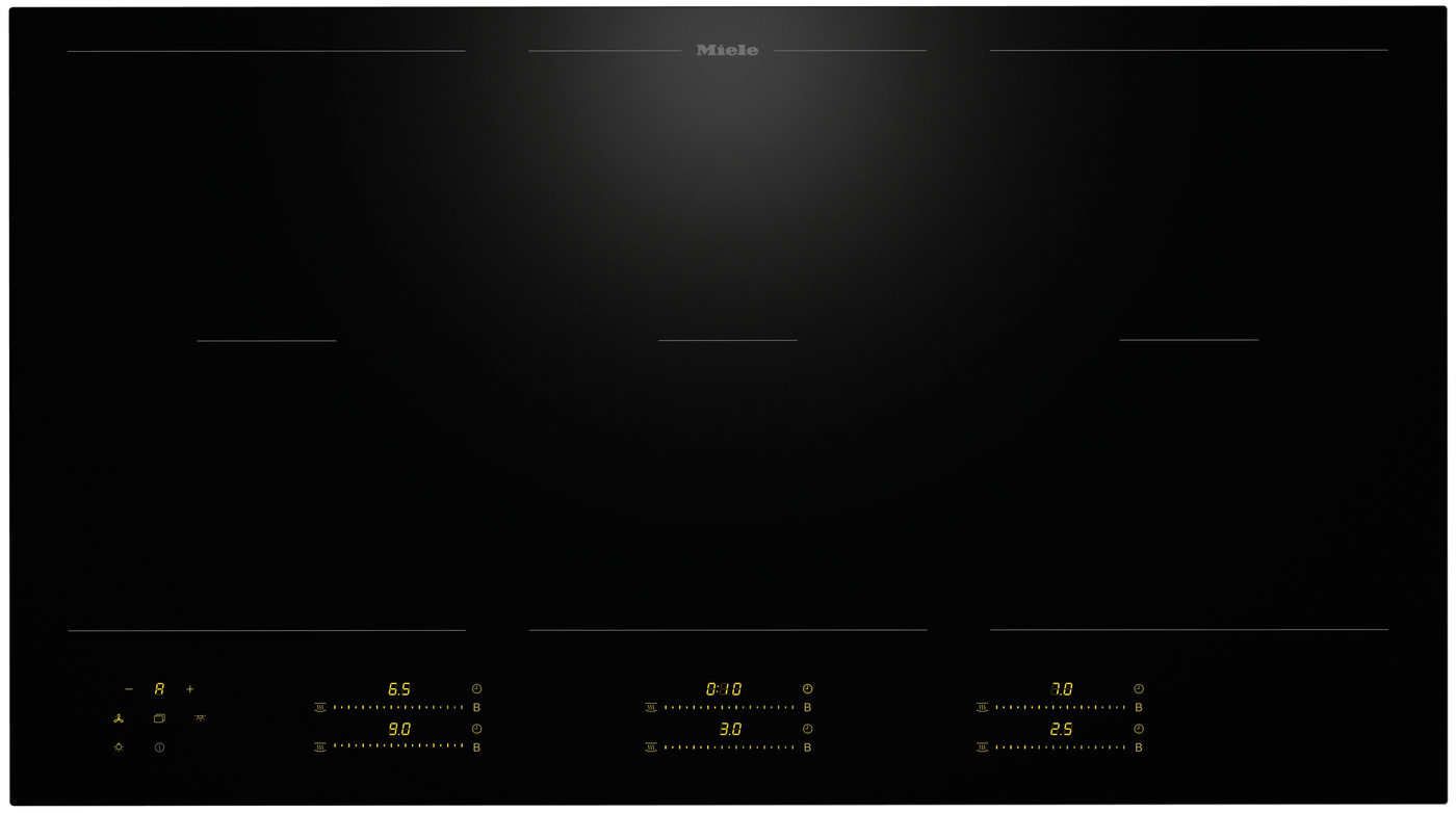 Miele black glass induction cooktop with touch controls and yellow digital readouts at the front edge.