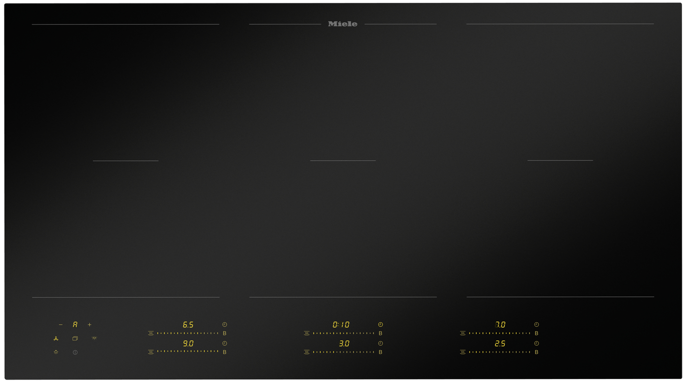 Miele black glass induction cooktop with four cooking zones and subtle guide lines on a sleek surface, brand at the top edge.