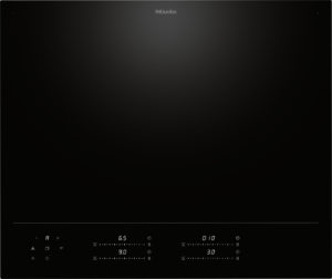 Miele induction cooktop with a dark glass surface and a subtle digital control panel along the bottom edge, including the Miele logo at the top center of the image.